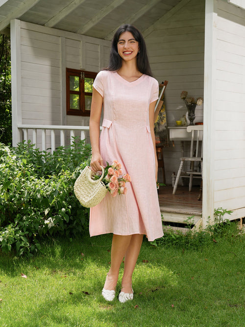 100% Linen Natural Summer V-Neck Dress ALEXA