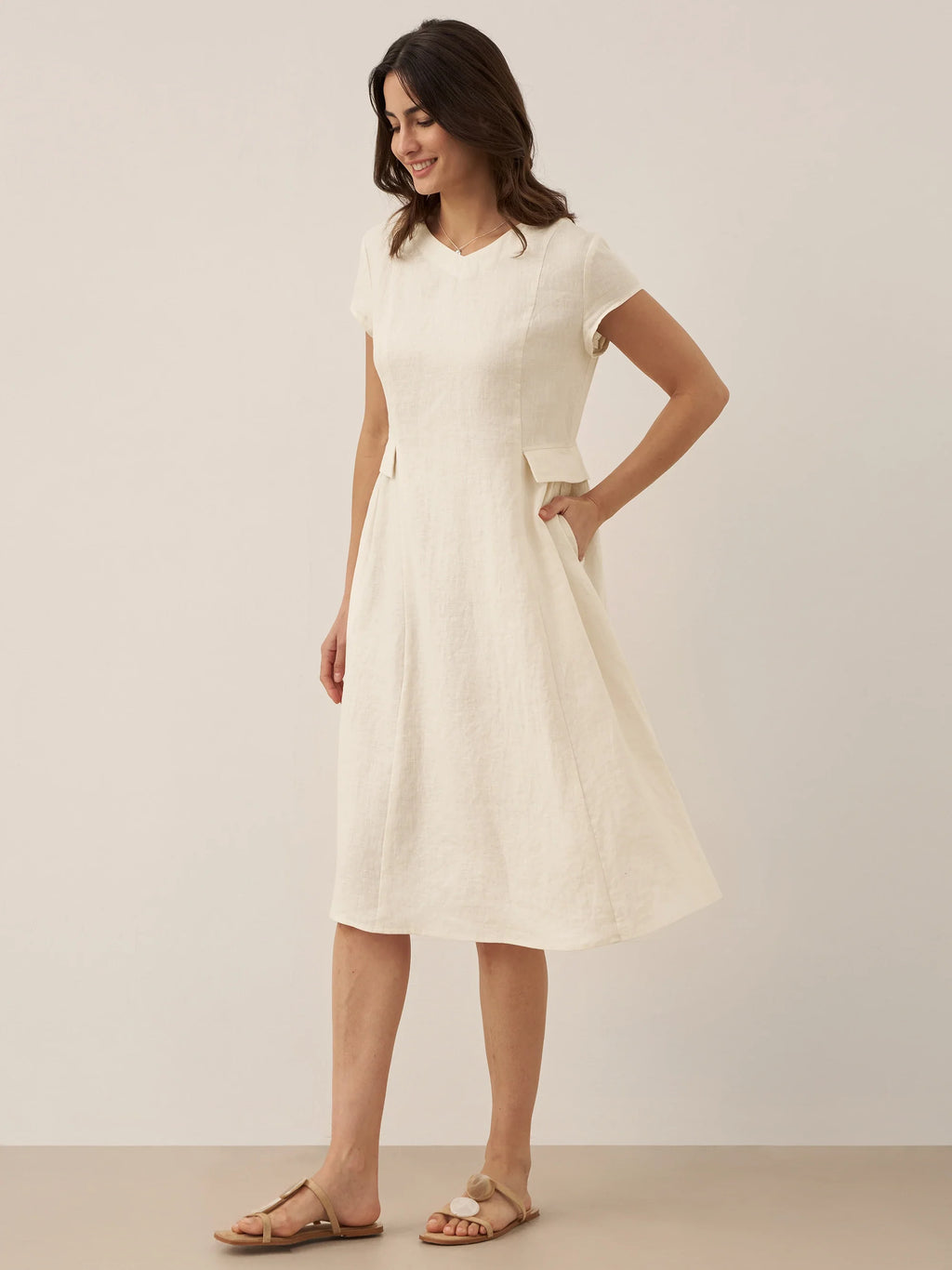 100% Linen Natural Summer V-Neck Dress ALEXA