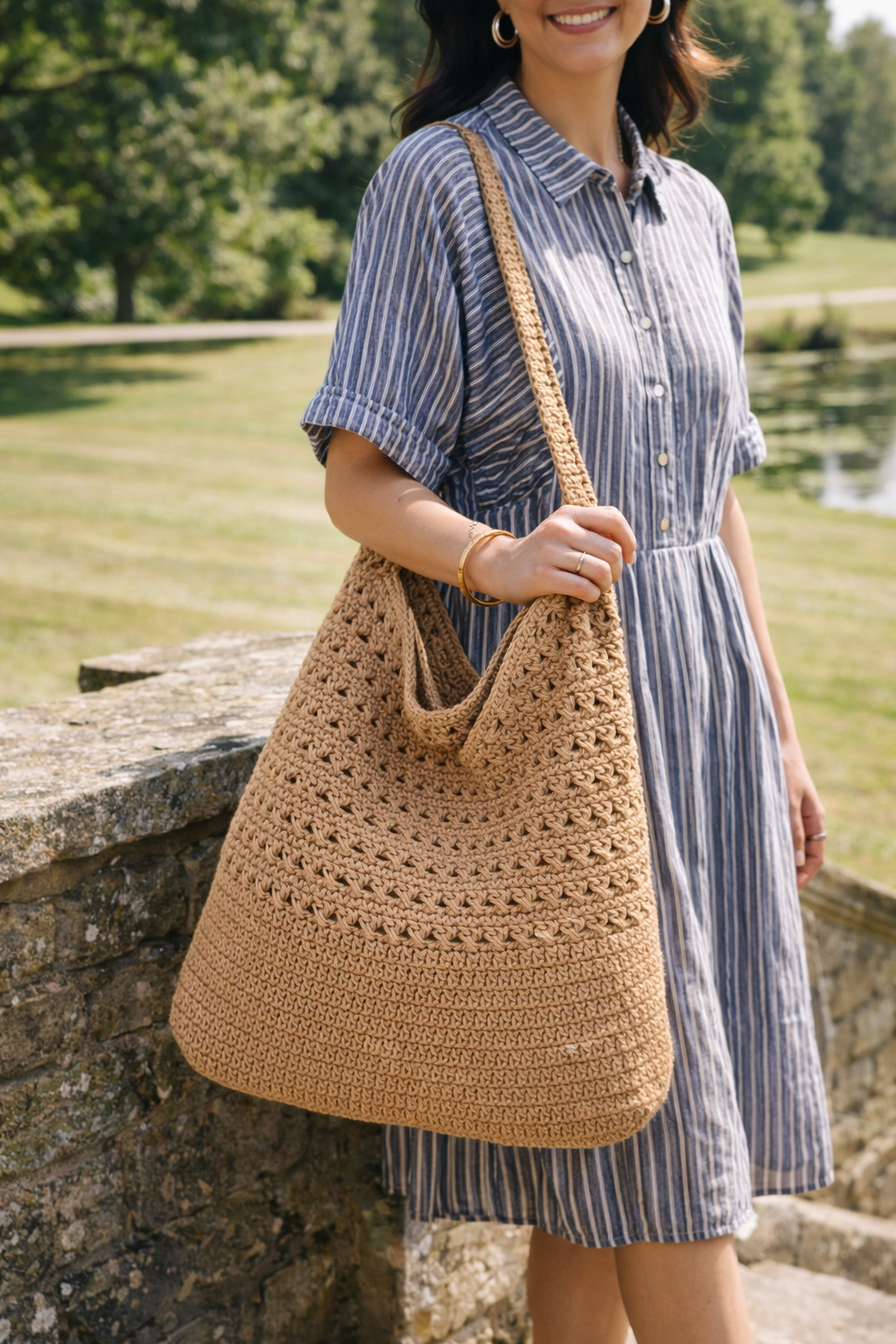 Woven Crochet Tote Bag Large Capacity Lightweight Shoulder Beach Bag